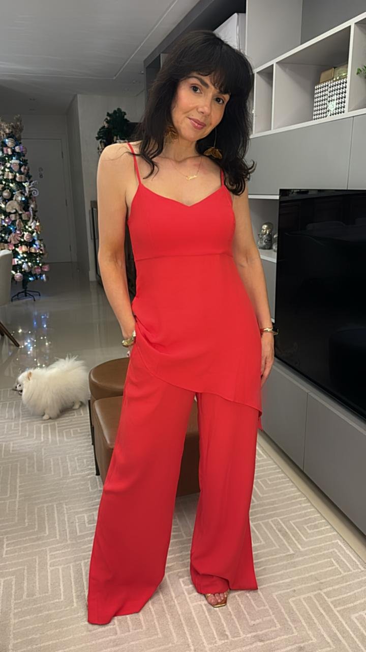 Conjunto Elegância Vermelha – Blusa e Calça Pantalona